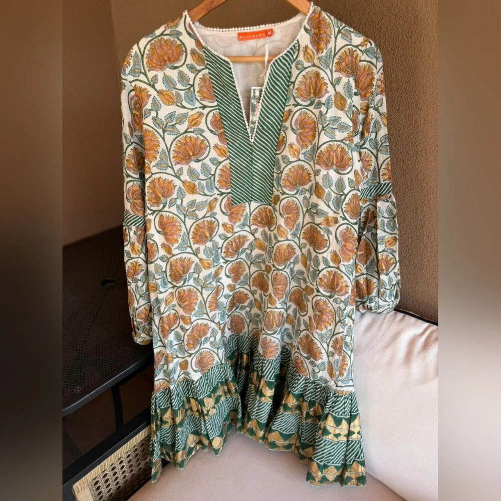 NWT Oliphant Green and Orange Floral Montenegro Amber Balloon Drop Mini Dress